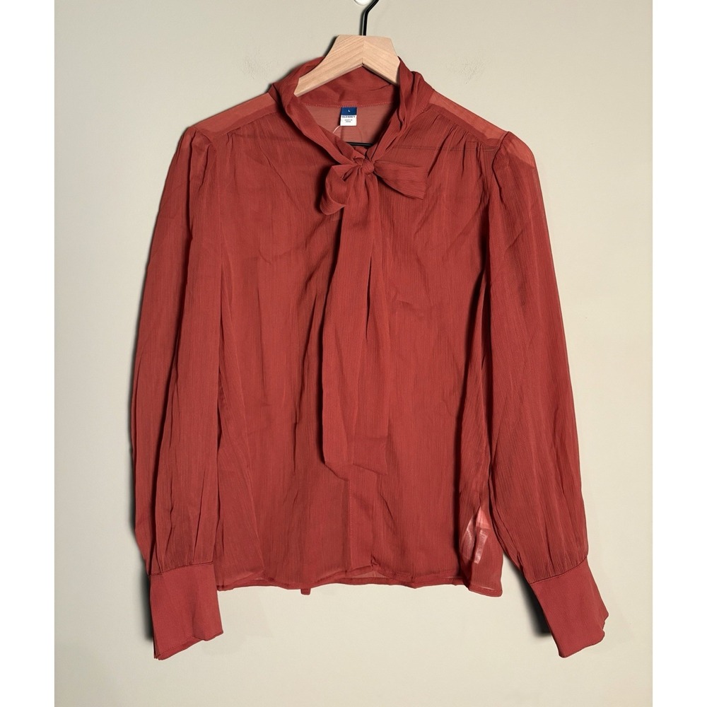 NWT Old Navy Burgundy Tie Neck Sheer Button Up Top Size L Romantic Coquette
